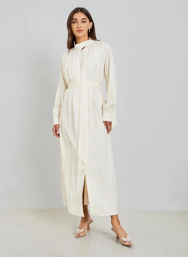 Styli Beige Fold Pleat Maxi Dress with Tie Detail